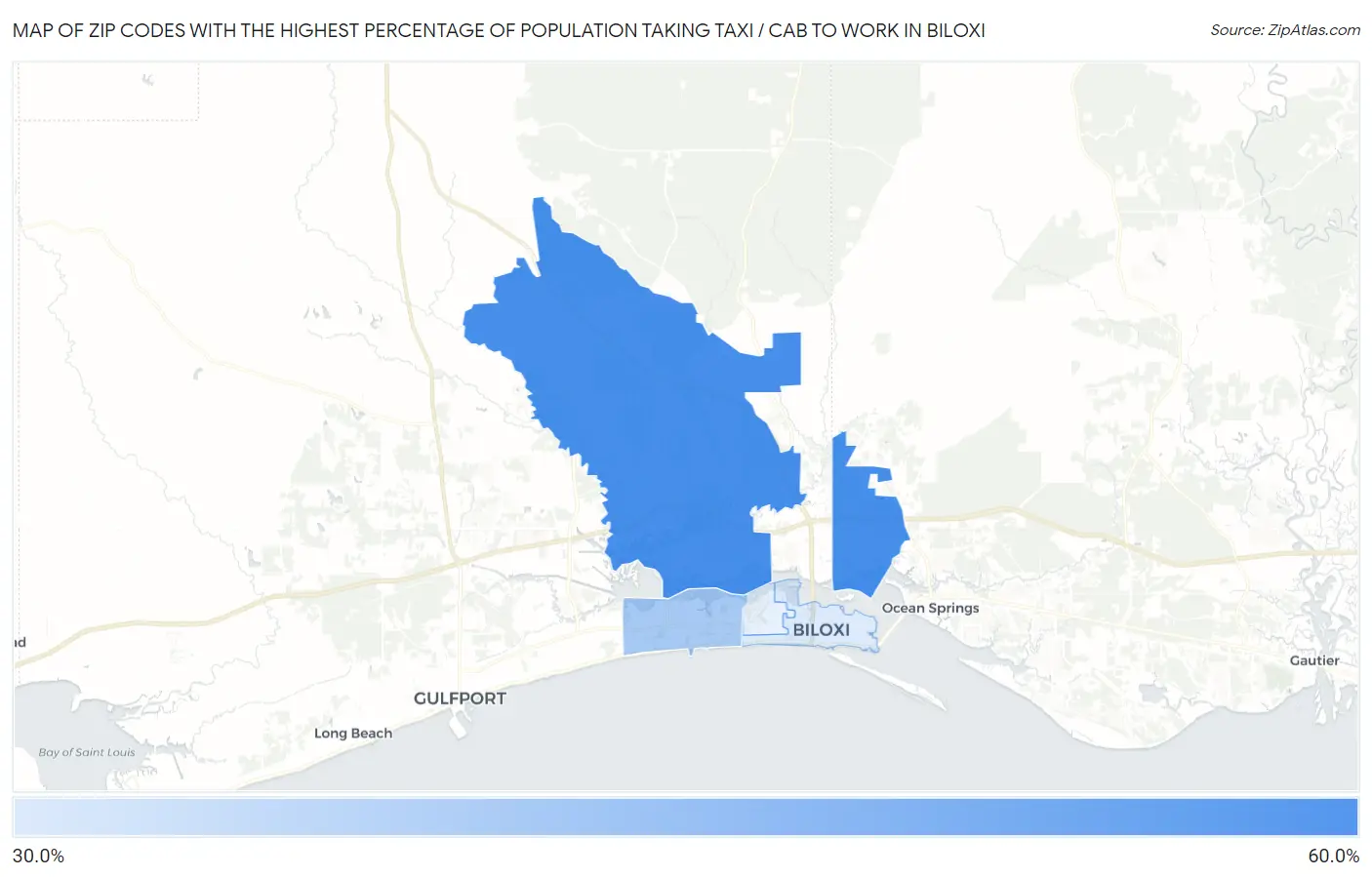 Zip Codes with the Highest Percentage of Population Taking Taxi / Cab to Work in Biloxi Map