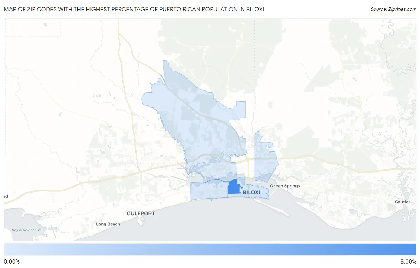 Zip Codes with the Highest Percentage of Puerto Rican Population in Biloxi Map