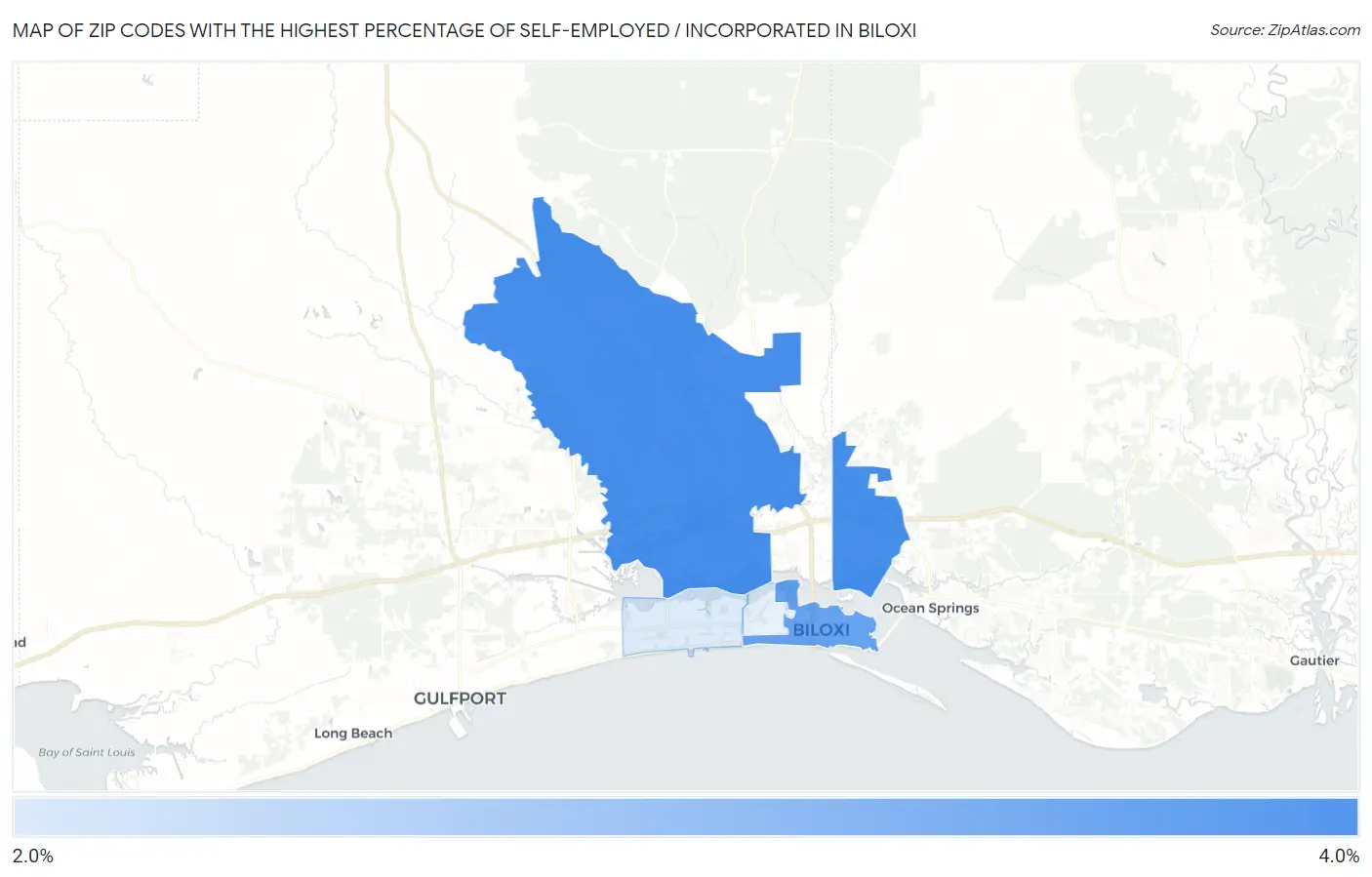 Zip Codes with the Highest Percentage of Self-Employed / Incorporated in Biloxi Map