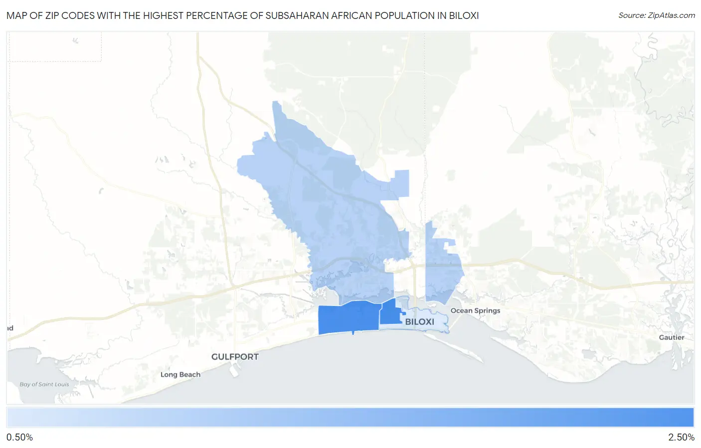 Zip Codes with the Highest Percentage of Subsaharan African Population in Biloxi Map