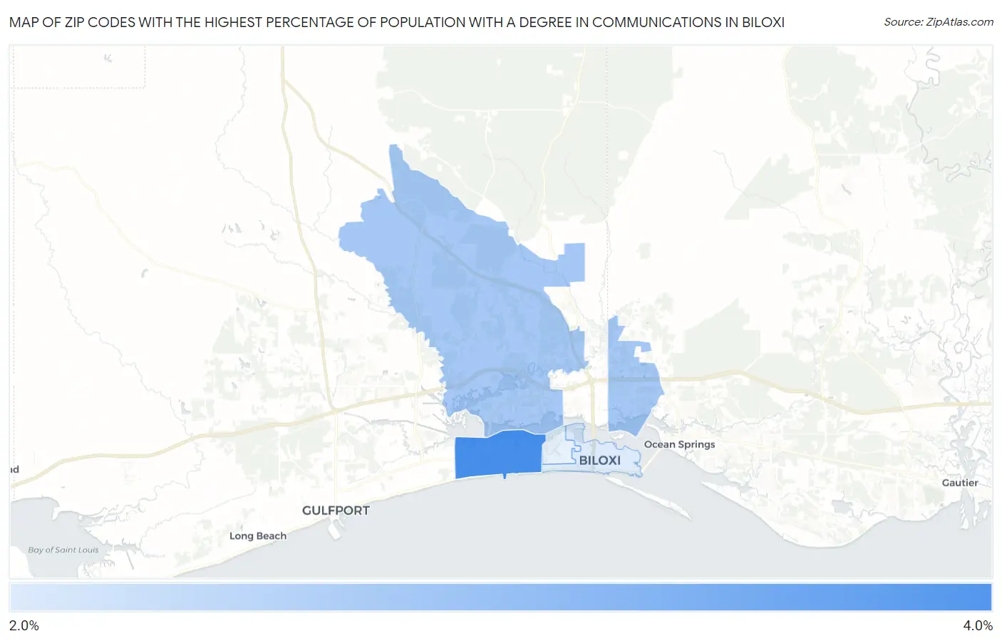 Zip Codes with the Highest Percentage of Population with a Degree in Communications in Biloxi Map