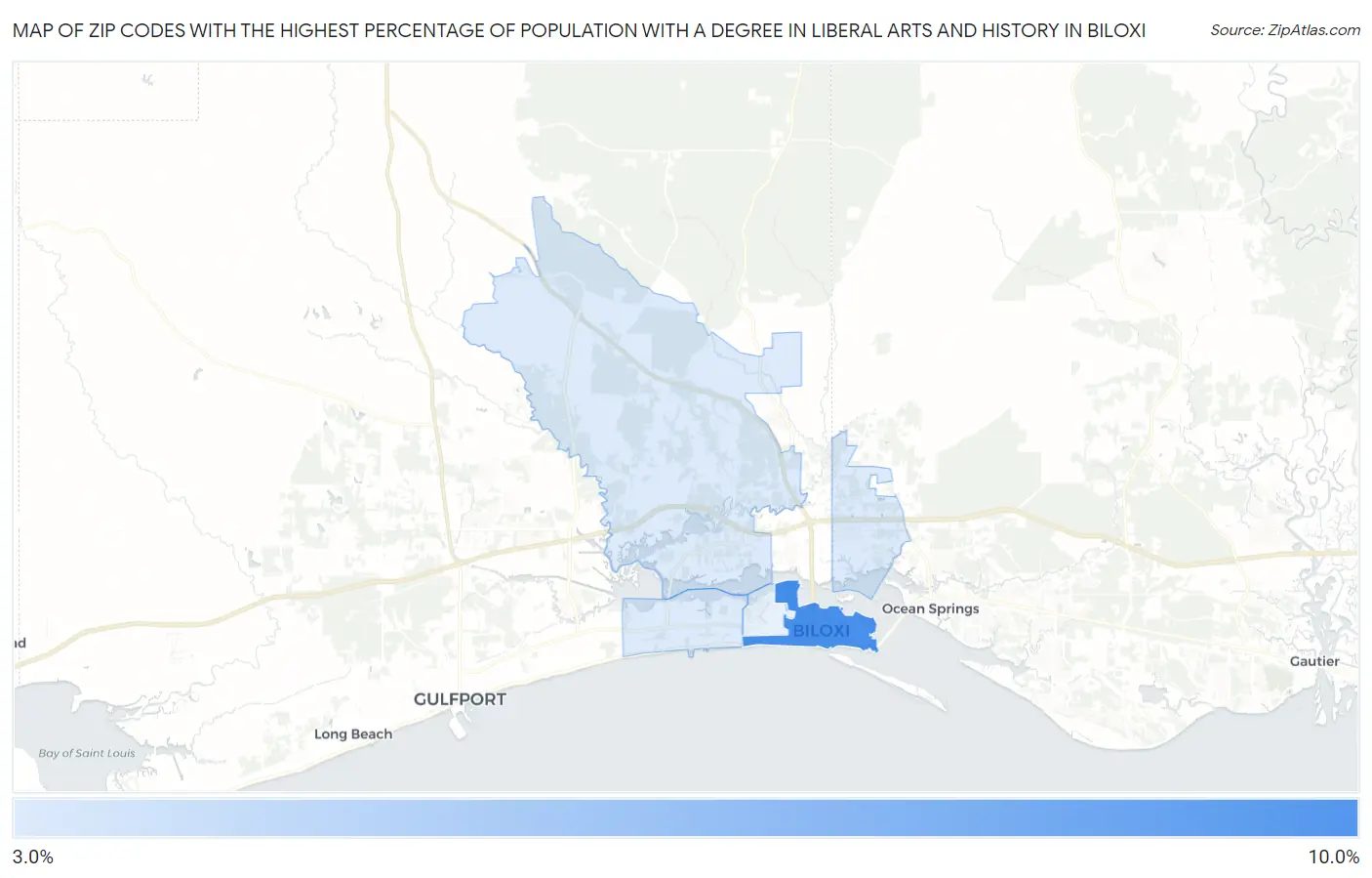 Zip Codes with the Highest Percentage of Population with a Degree in Liberal Arts and History in Biloxi Map