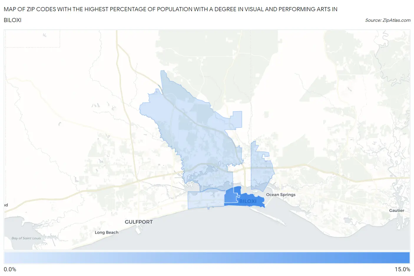 Zip Codes with the Highest Percentage of Population with a Degree in Visual and Performing Arts in Biloxi Map
