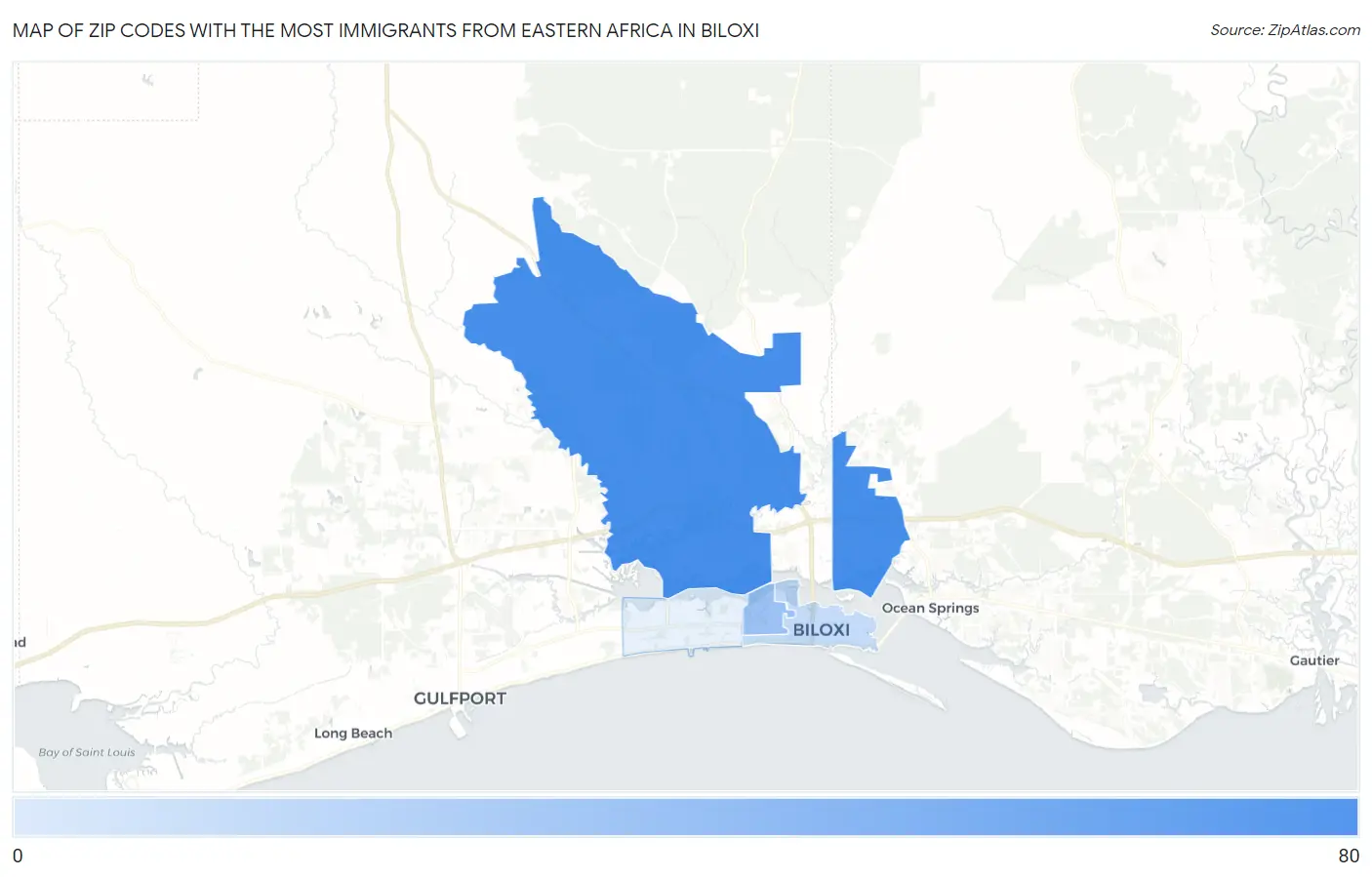 Zip Codes with the Most Immigrants from Eastern Africa in Biloxi Map