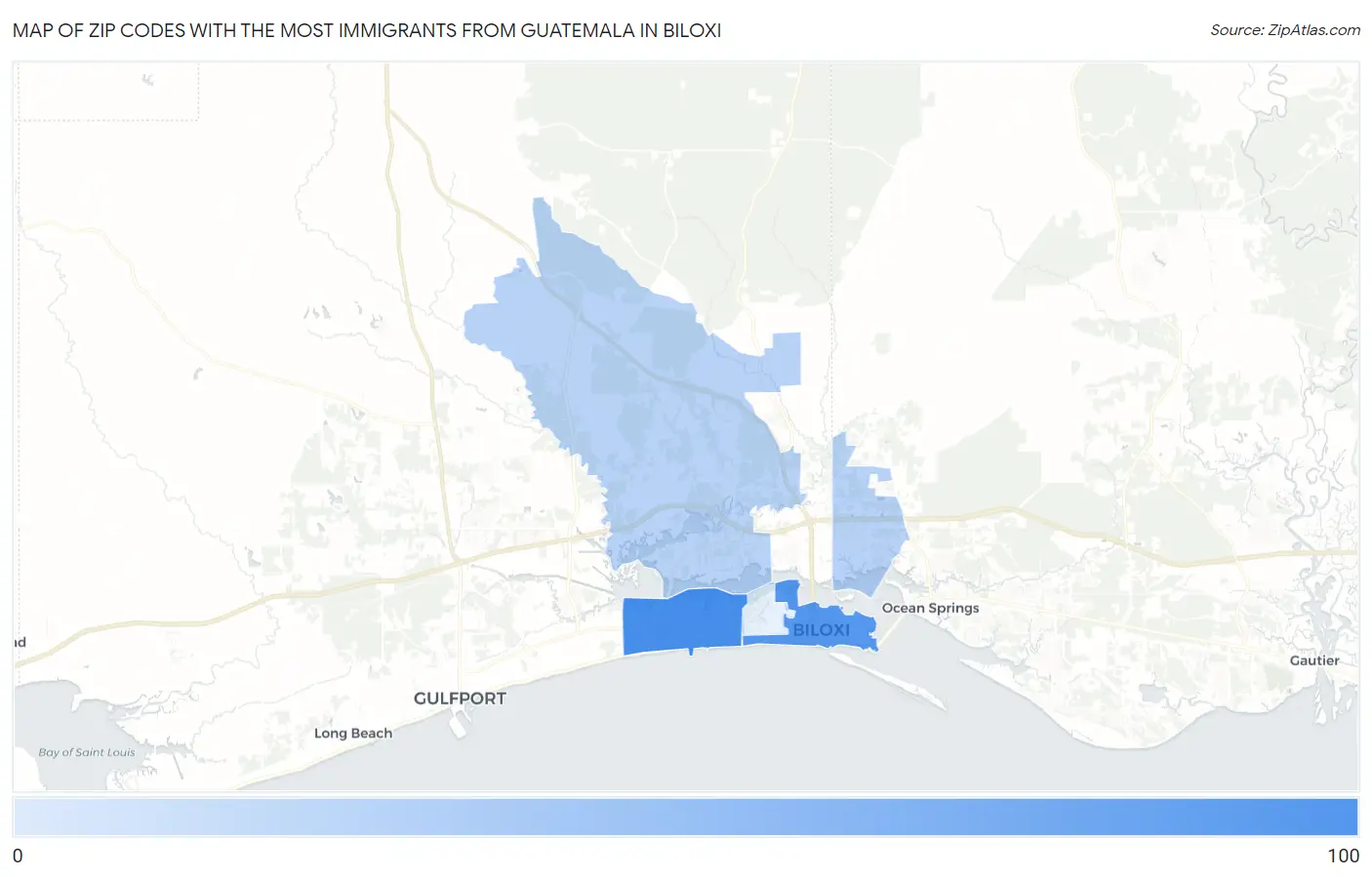 Zip Codes with the Most Immigrants from Guatemala in Biloxi Map