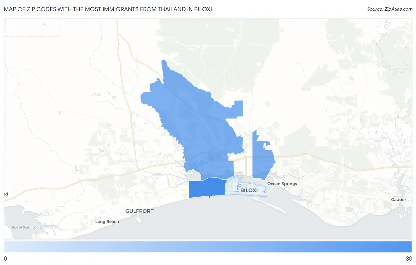 Zip Codes with the Most Immigrants from Thailand in Biloxi Map