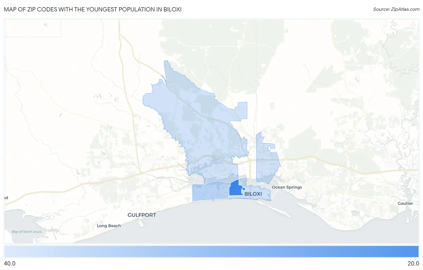 Zip Codes with the Youngest Population in Biloxi Map