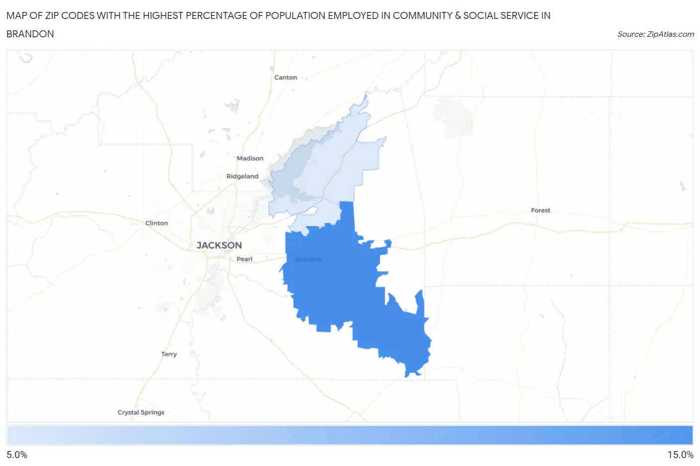 Zip Codes with the Highest Percentage of Population Employed in Community & Social Service in Brandon Map