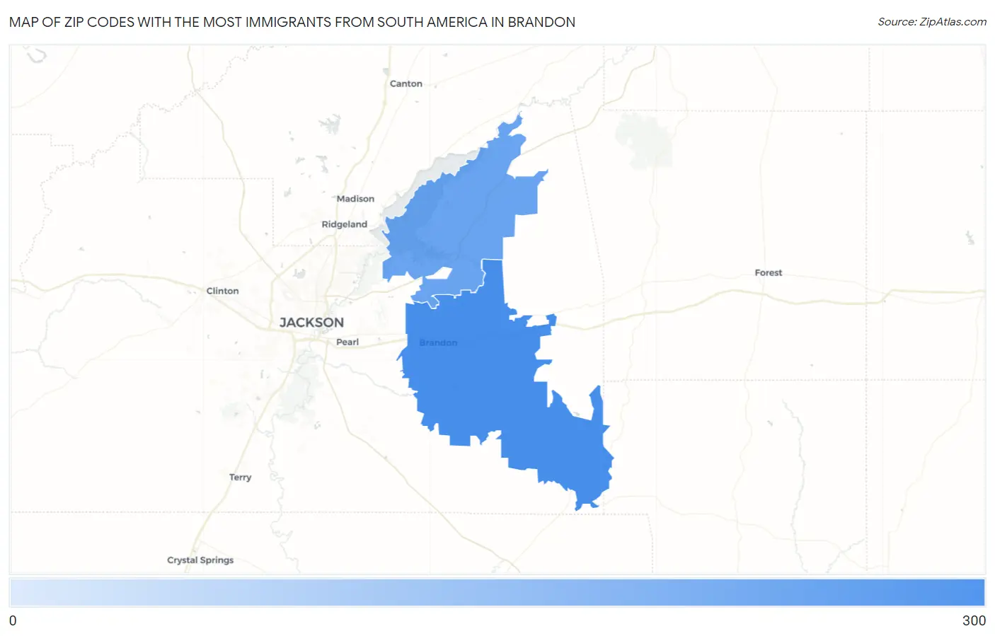 Zip Codes with the Most Immigrants from South America in Brandon Map