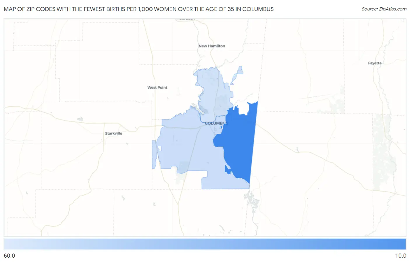 Zip Codes with the Fewest Births per 1,000 Women Over the Age of 35 in Columbus Map