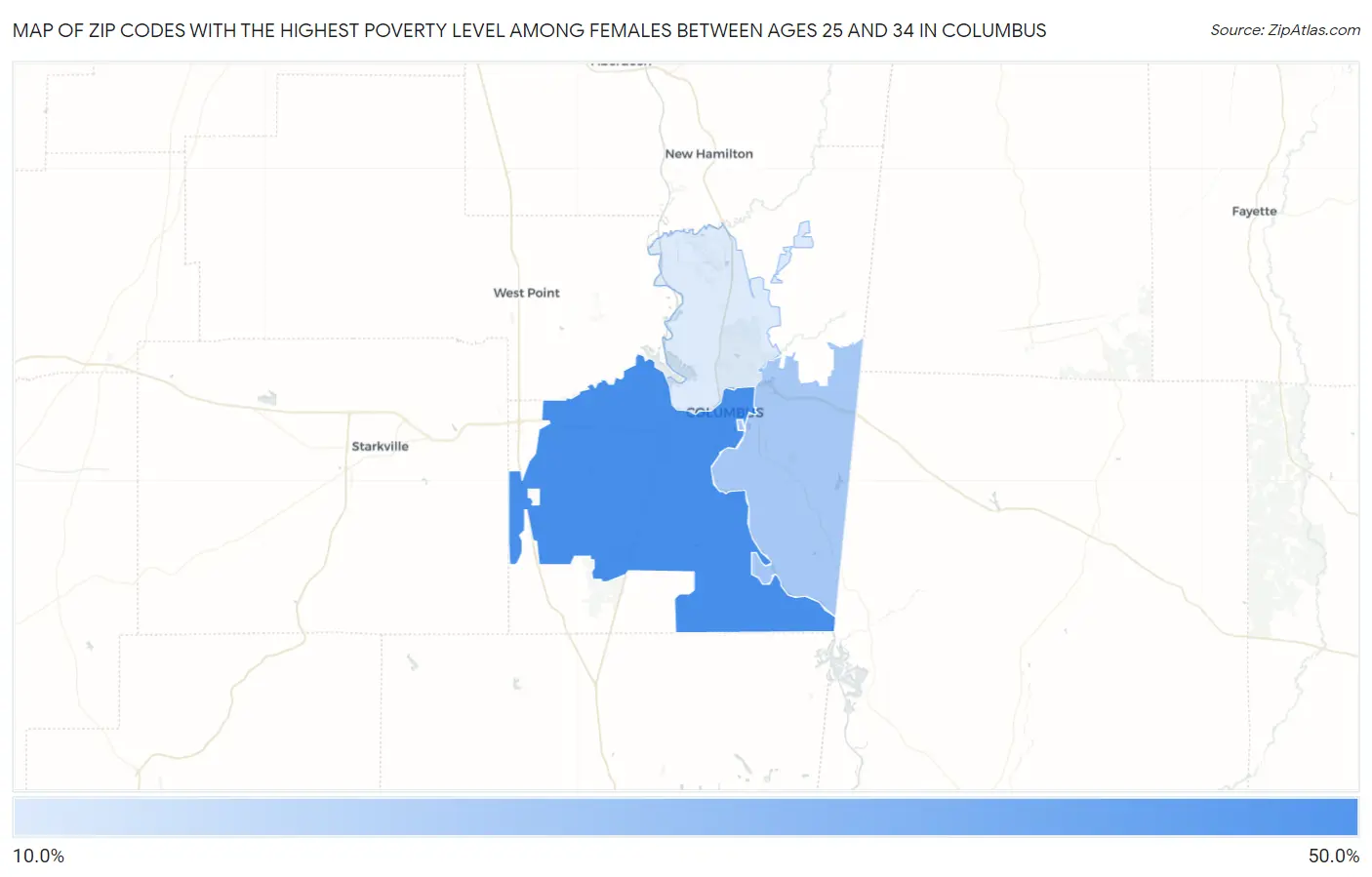 Zip Codes with the Highest Poverty Level Among Females Between Ages 25 and 34 in Columbus Map