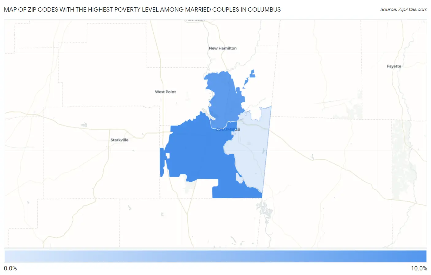 Zip Codes with the Highest Poverty Level Among Married Couples in Columbus Map