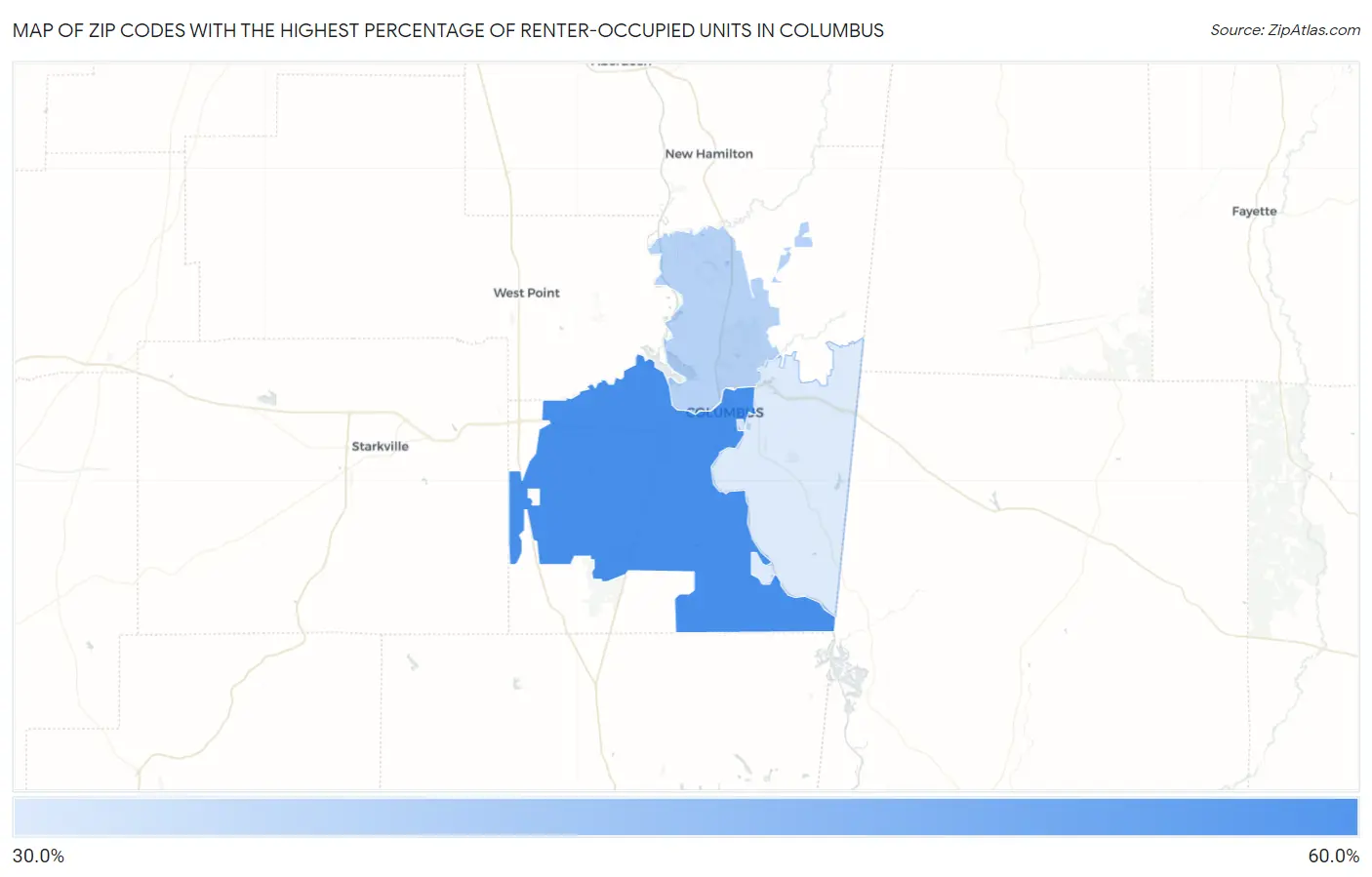 Zip Codes with the Highest Percentage of Renter-Occupied Units in Columbus Map