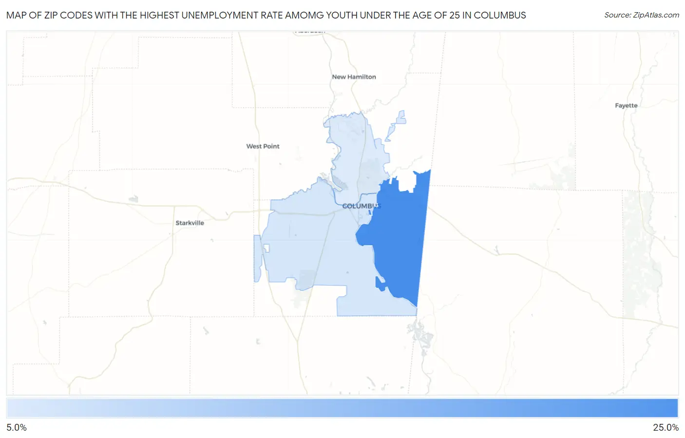 Zip Codes with the Highest Unemployment Rate Amomg Youth Under the Age of 25 in Columbus Map
