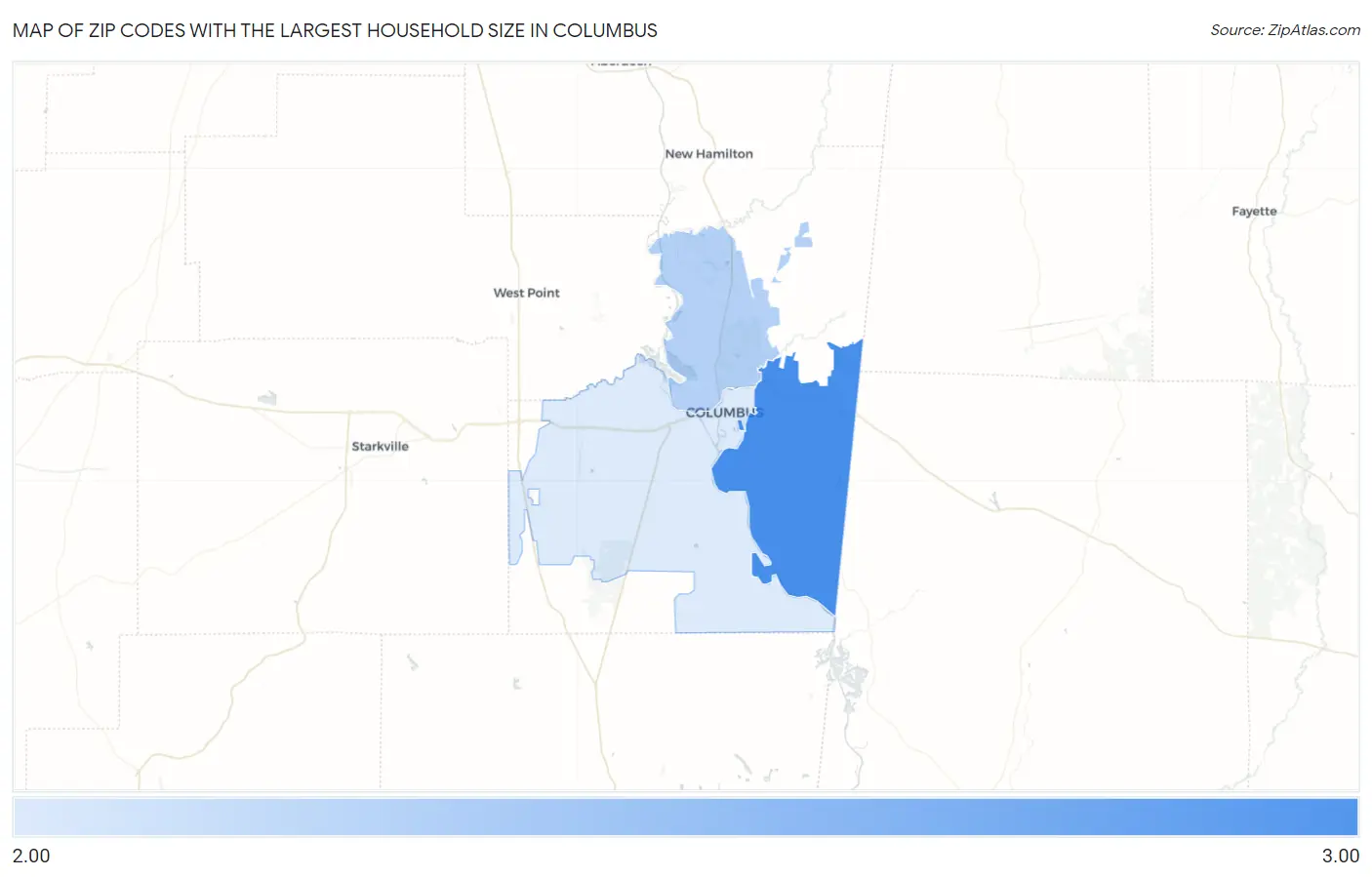 Zip Codes with the Largest Household Size in Columbus Map