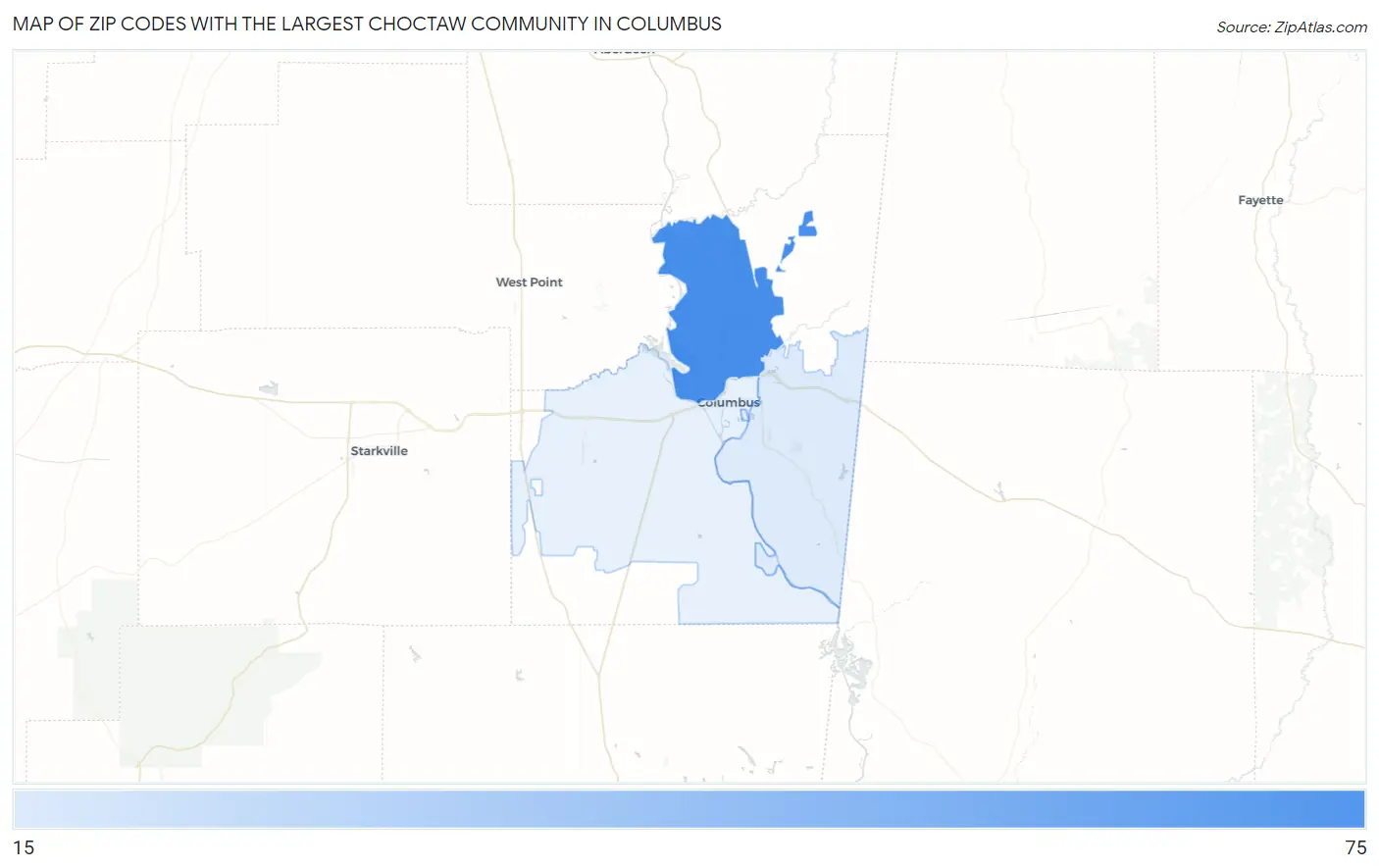 Zip Codes with the Largest Choctaw Community in Columbus Map