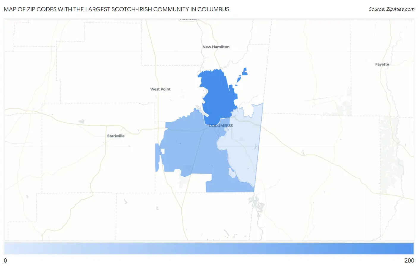 Zip Codes with the Largest Scotch-Irish Community in Columbus Map