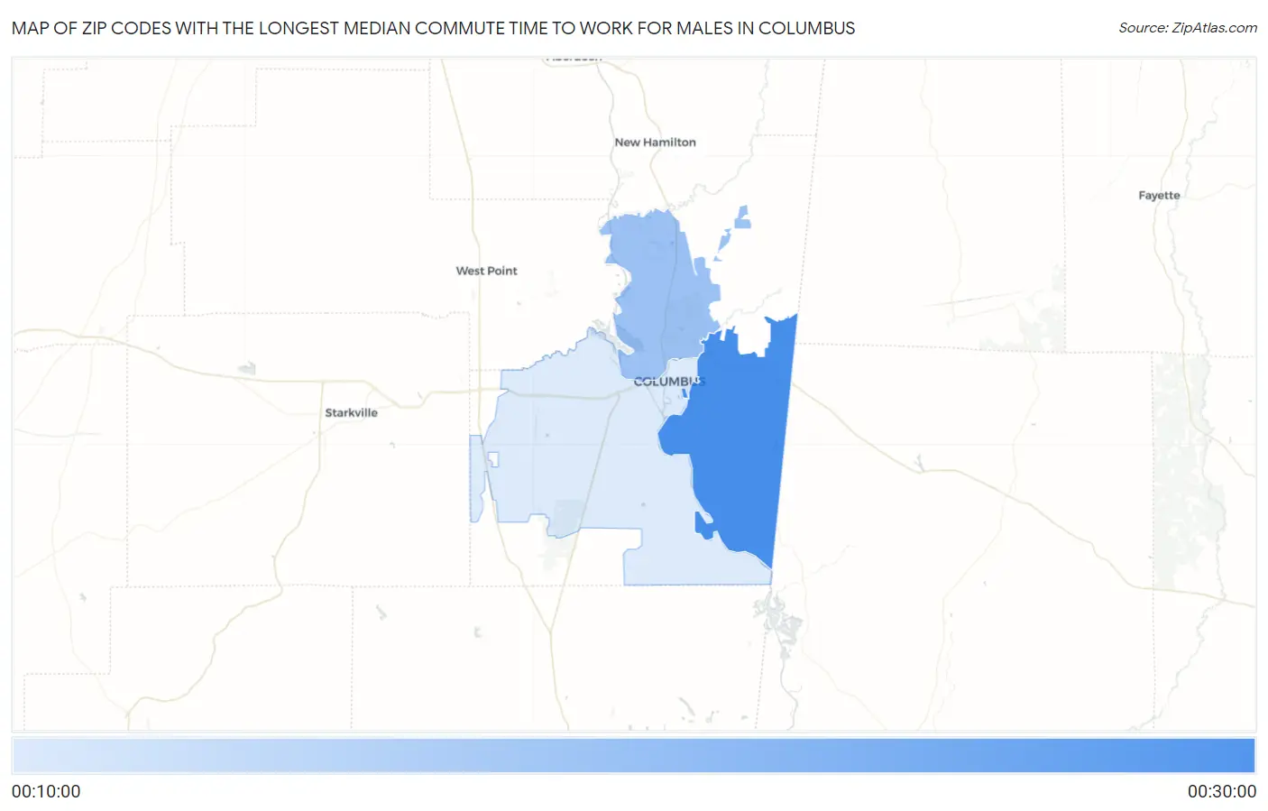 Zip Codes with the Longest Median Commute Time to Work for Males in Columbus Map