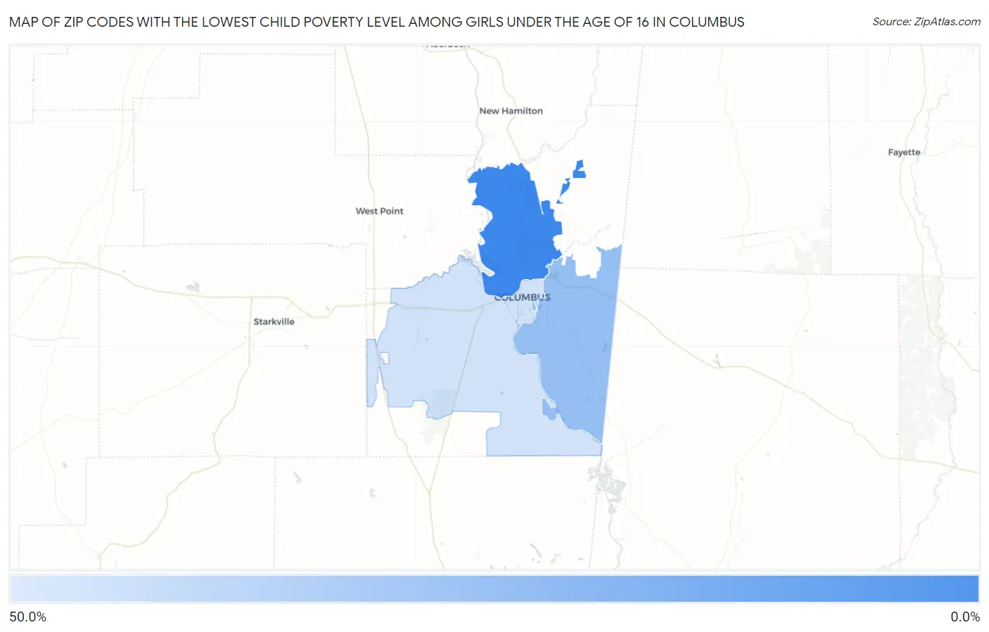 Zip Codes with the Lowest Child Poverty Level Among Girls Under the Age of 16 in Columbus Map