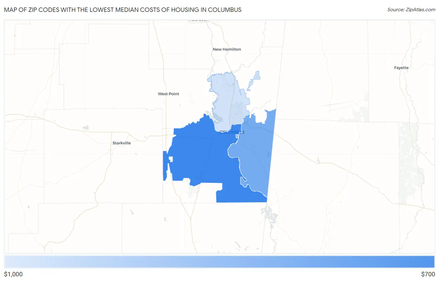 Zip Codes with the Lowest Median Costs of Housing in Columbus Map
