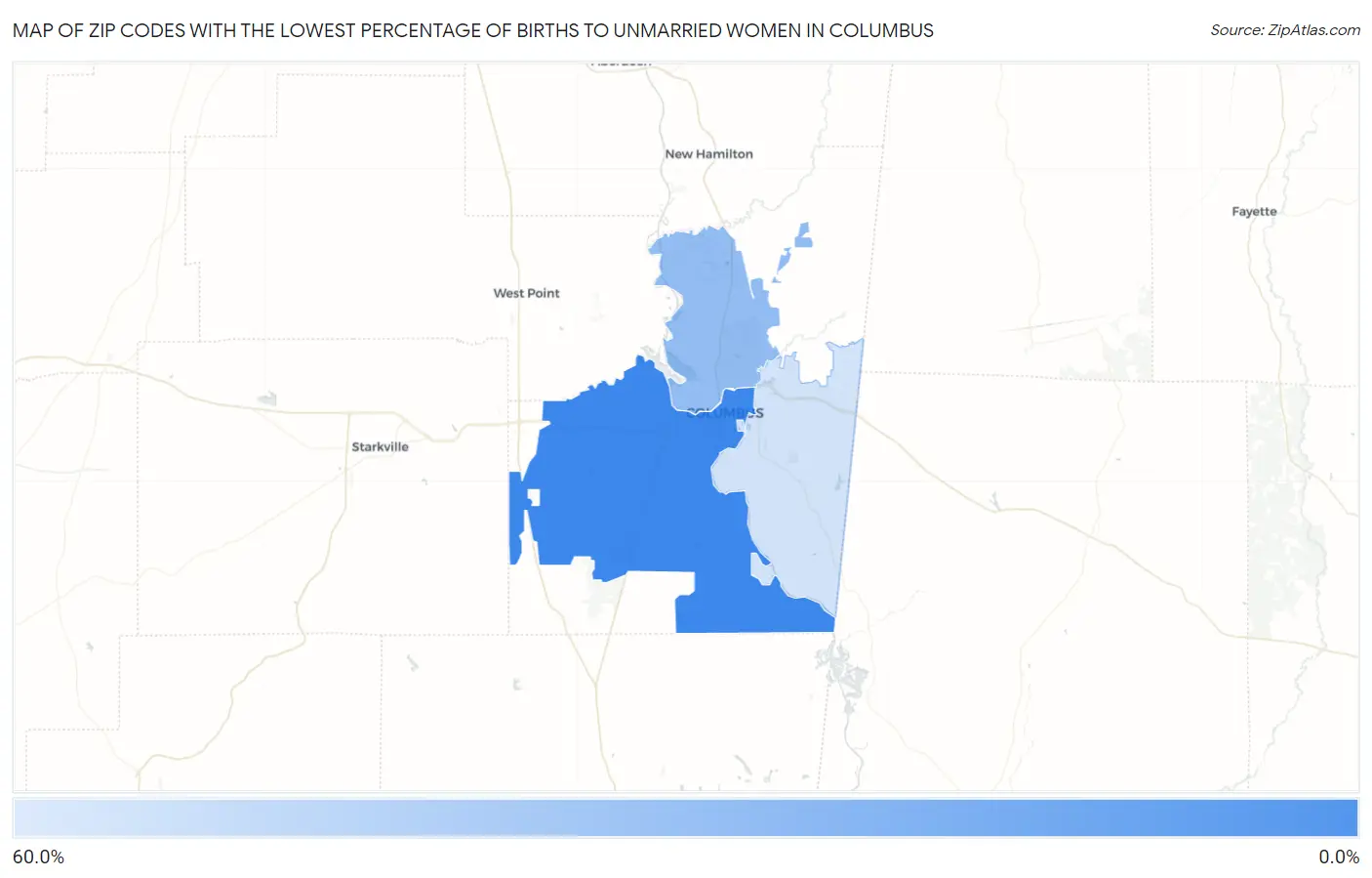Zip Codes with the Lowest Percentage of Births to Unmarried Women in Columbus Map