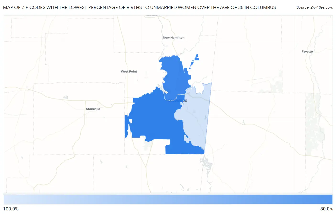 Zip Codes with the Lowest Percentage of Births to Unmarried Women over the Age of 35 in Columbus Map