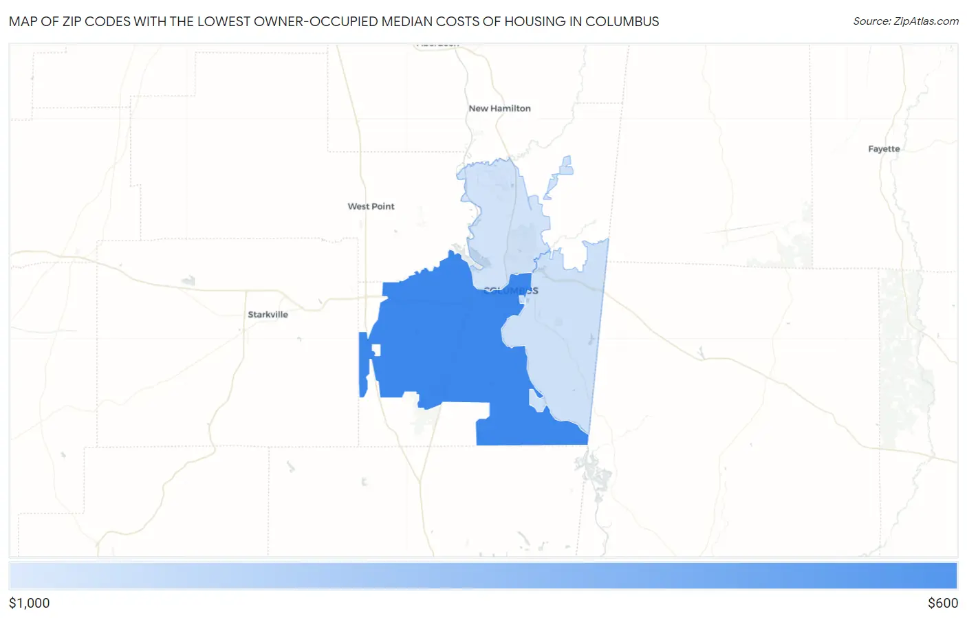 Zip Codes with the Lowest Owner-Occupied Median Costs of Housing in Columbus Map