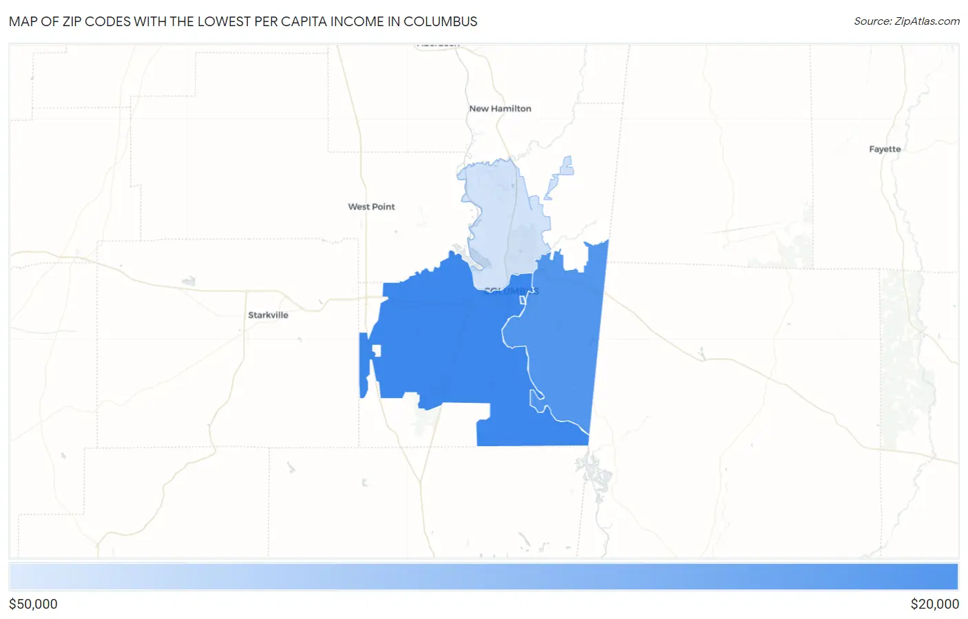 Zip Codes with the Lowest Per Capita Income in Columbus Map