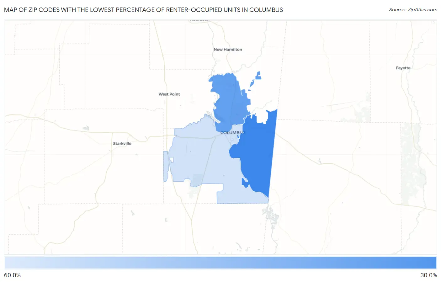 Zip Codes with the Lowest Percentage of Renter-Occupied Units in Columbus Map