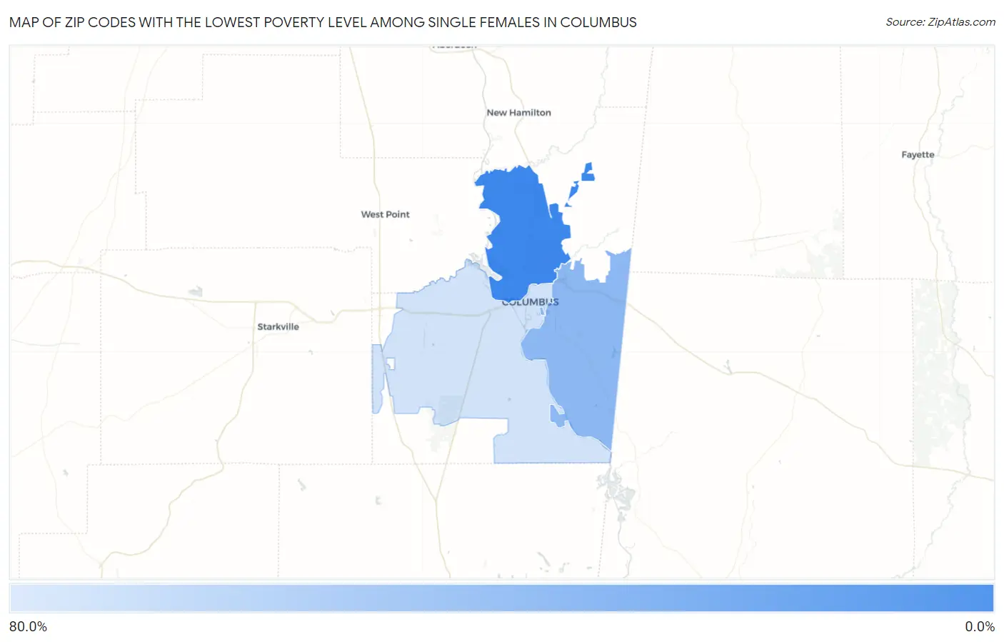 Zip Codes with the Lowest Poverty Level Among Single Females in Columbus Map