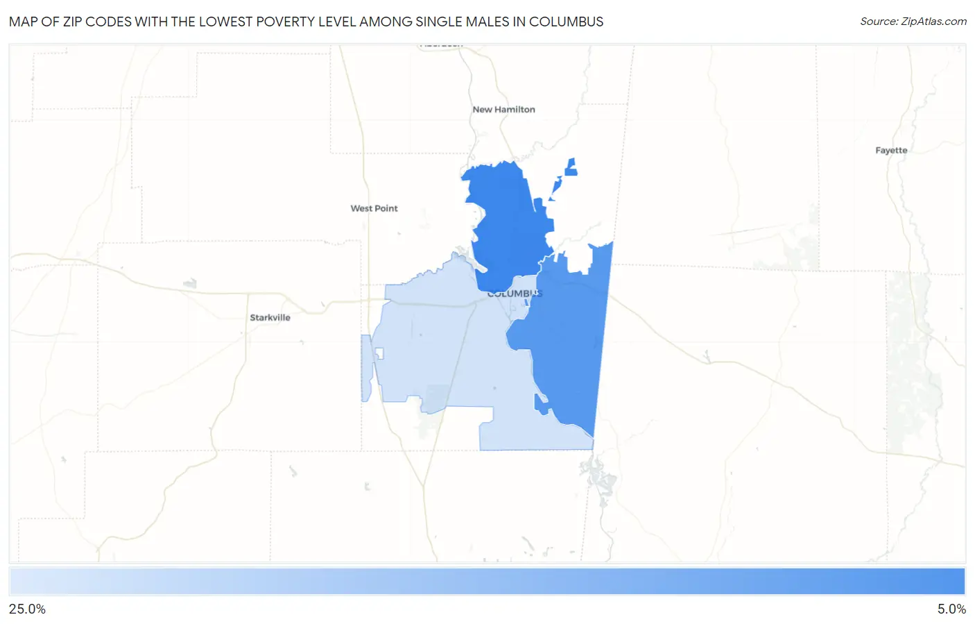 Zip Codes with the Lowest Poverty Level Among Single Males in Columbus Map