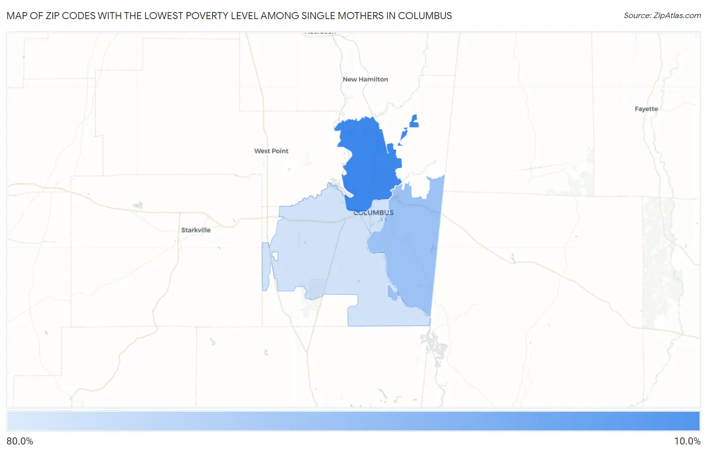 Zip Codes with the Lowest Poverty Level Among Single Mothers in Columbus Map
