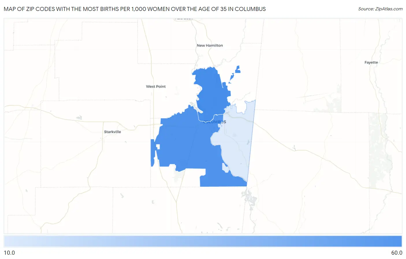Zip Codes with the Most Births per 1,000 Women Over the Age of 35 in Columbus Map
