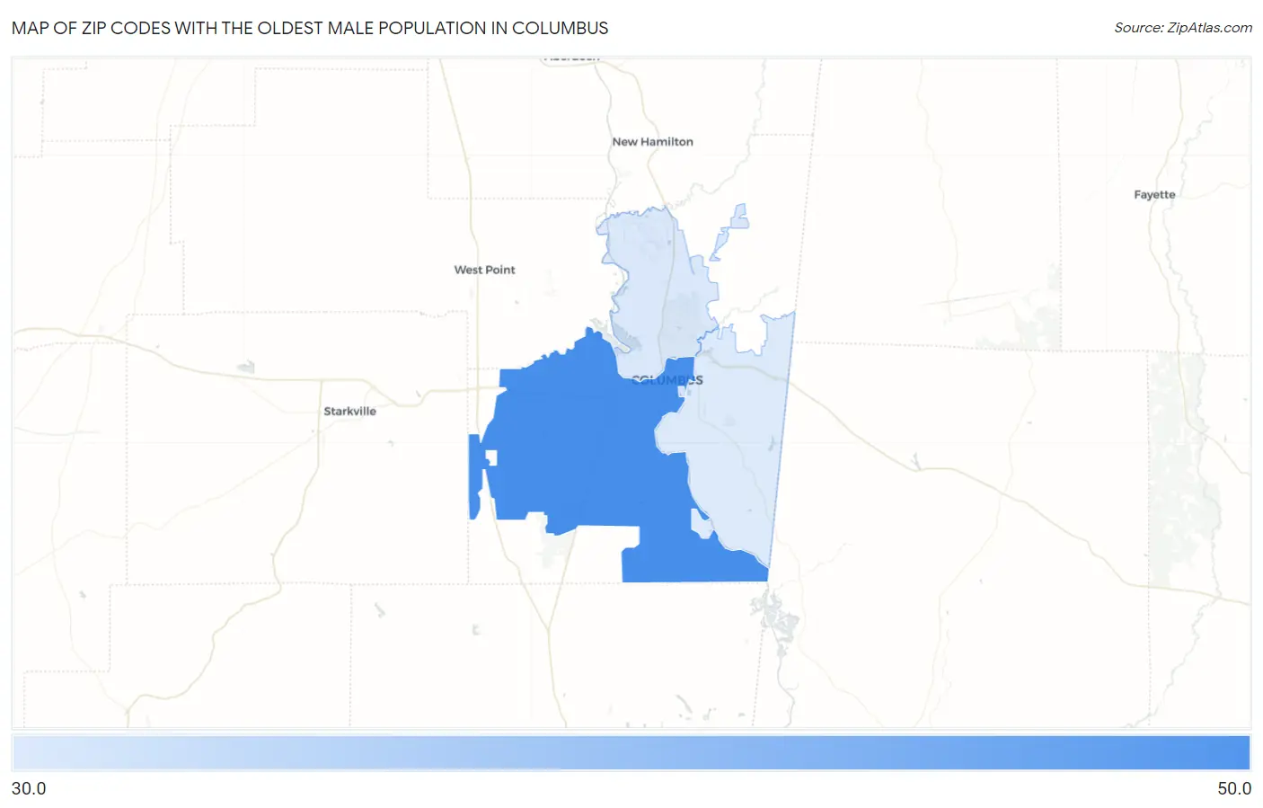 Zip Codes with the Oldest Male Population in Columbus Map