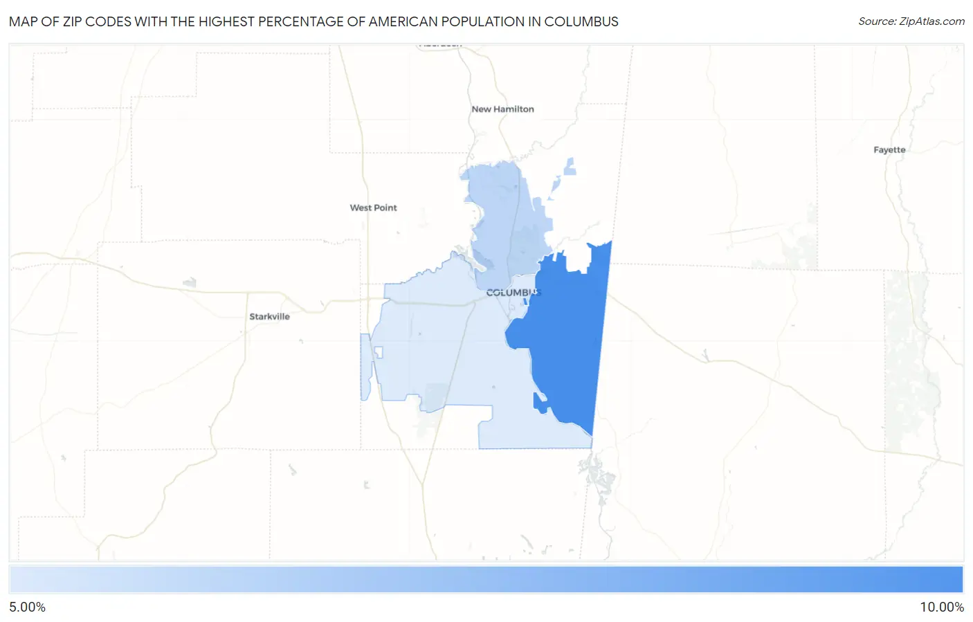 Zip Codes with the Highest Percentage of American Population in Columbus Map
