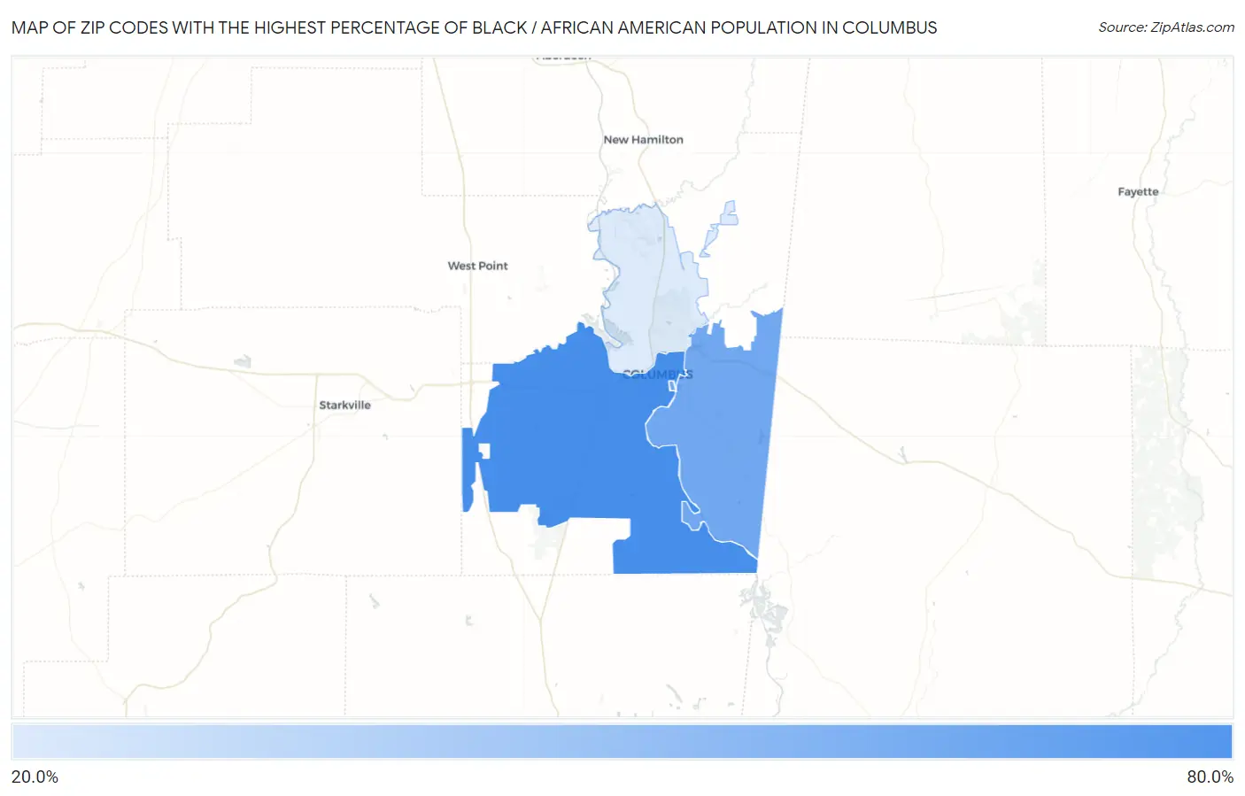 Zip Codes with the Highest Percentage of Black / African American Population in Columbus Map