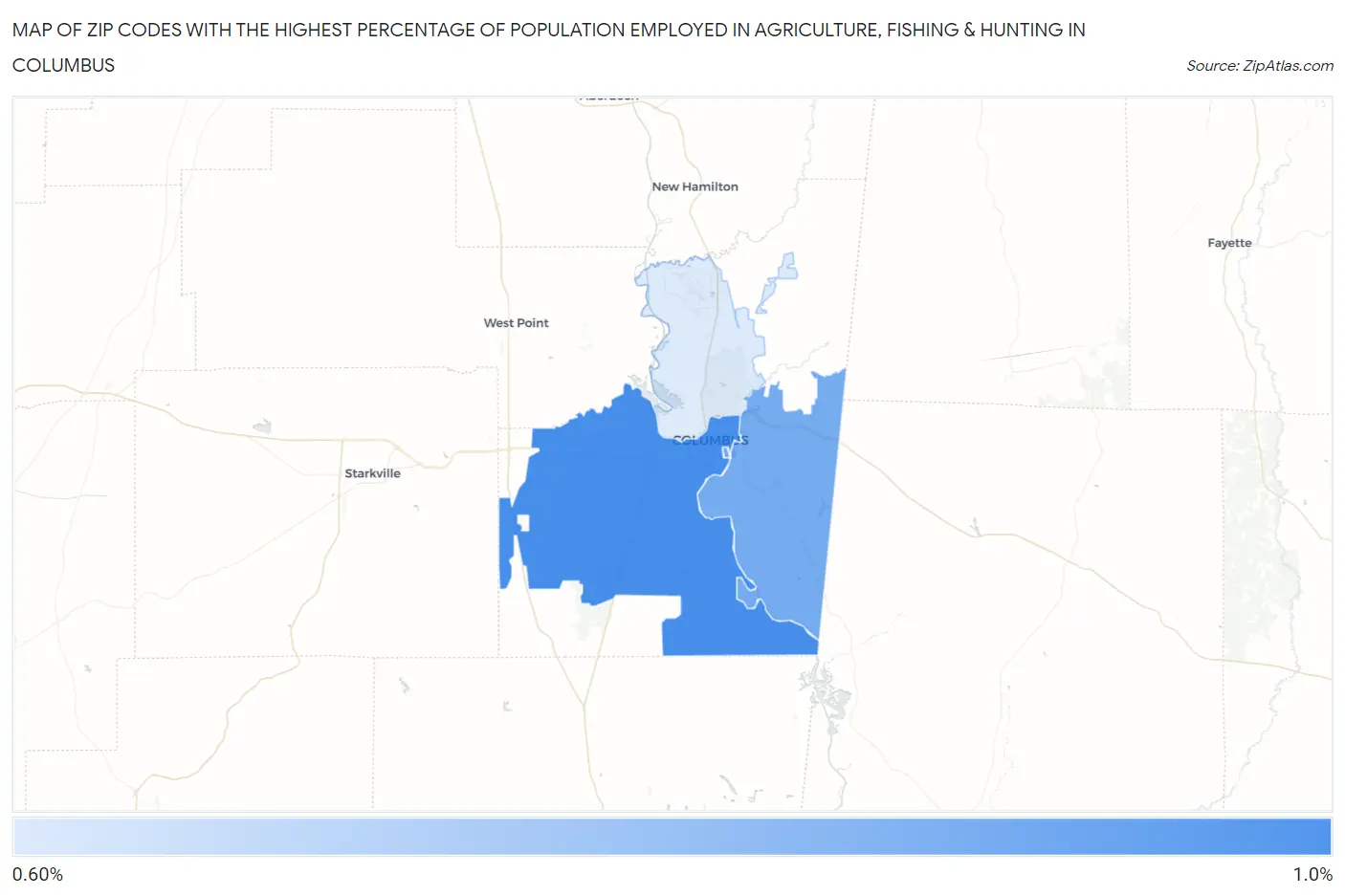 Zip Codes with the Highest Percentage of Population Employed in Agriculture, Fishing & Hunting in Columbus Map