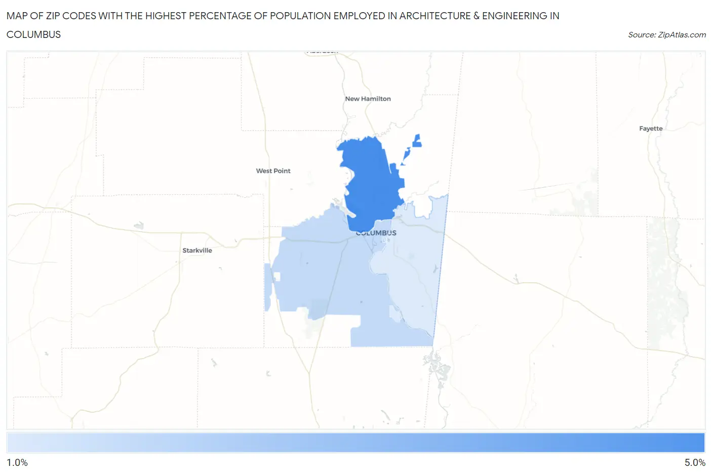 Zip Codes with the Highest Percentage of Population Employed in Architecture & Engineering in Columbus Map
