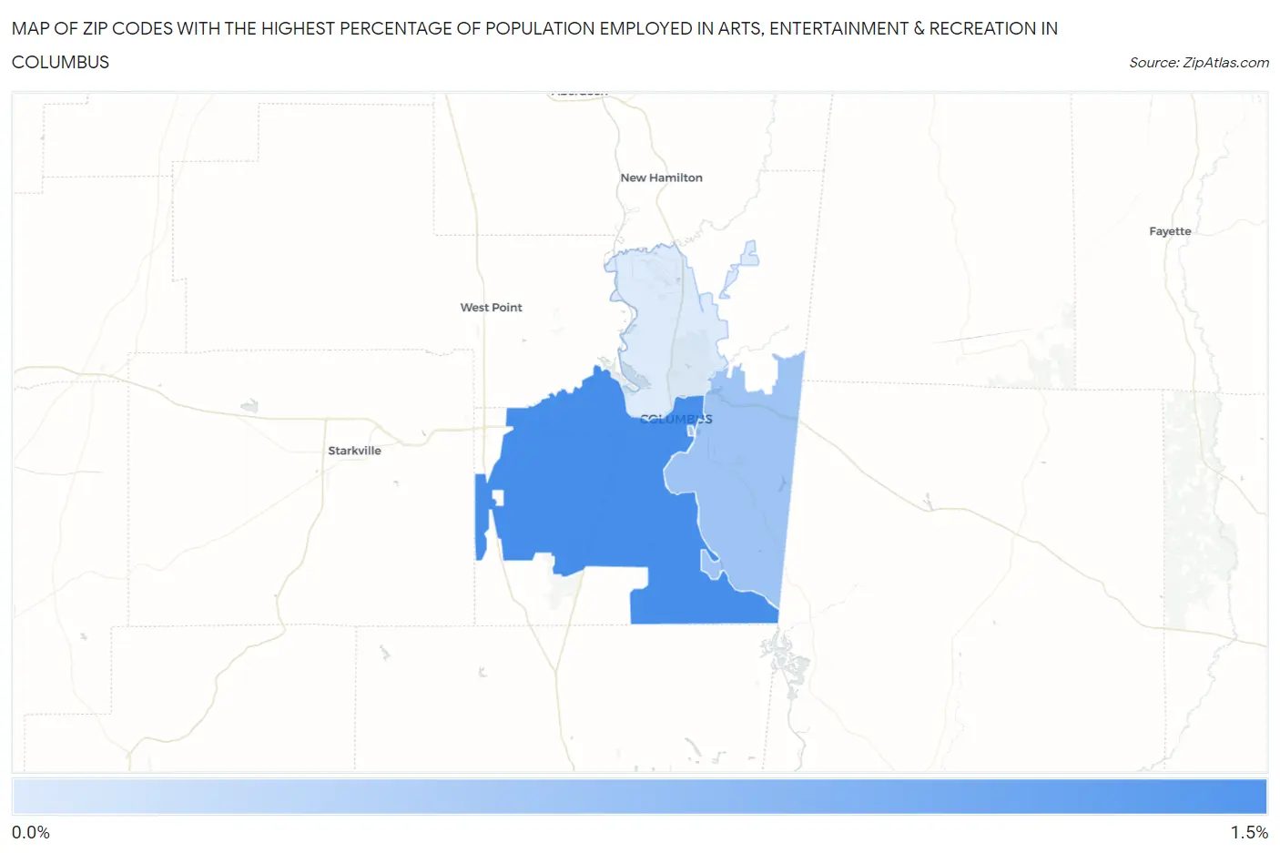 Zip Codes with the Highest Percentage of Population Employed in Arts, Entertainment & Recreation in Columbus Map