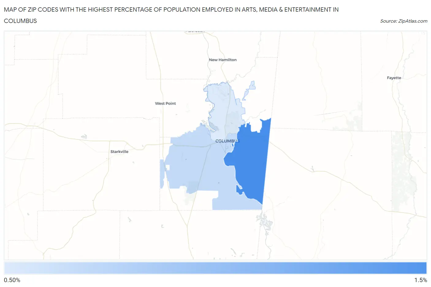 Zip Codes with the Highest Percentage of Population Employed in Arts, Media & Entertainment in Columbus Map
