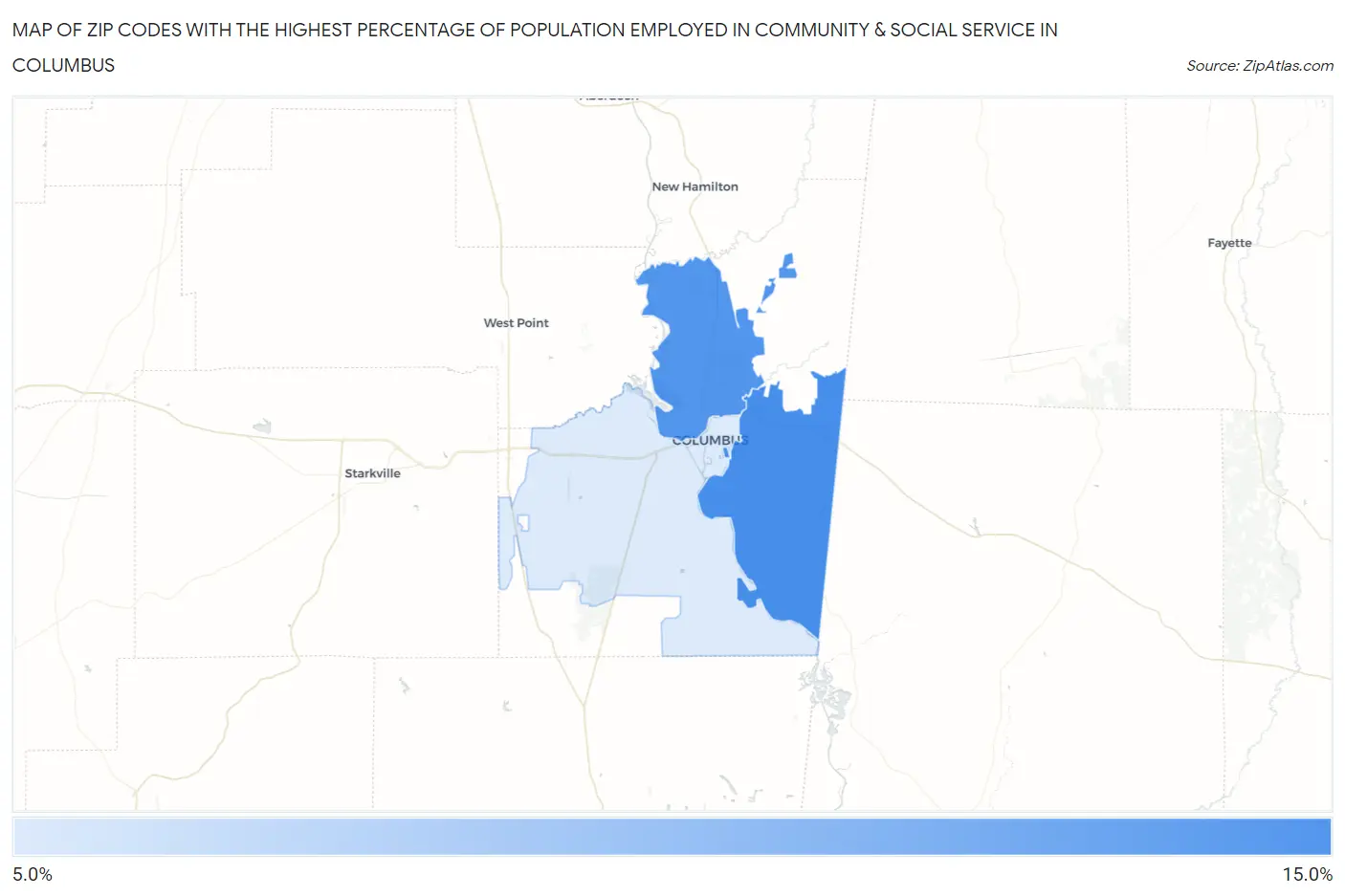 Zip Codes with the Highest Percentage of Population Employed in Community & Social Service  in Columbus Map