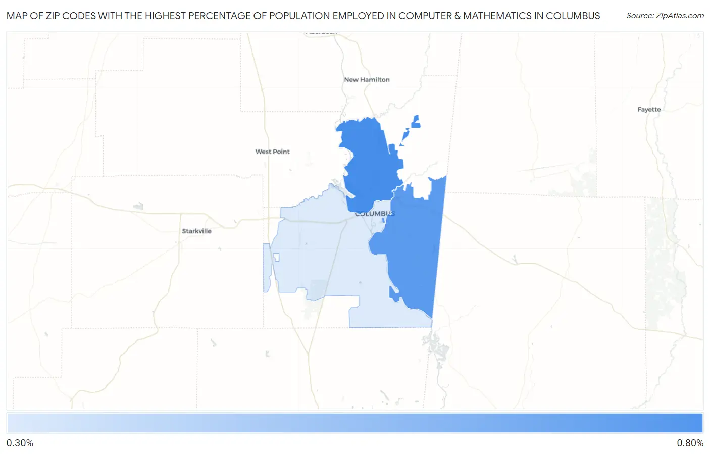 Zip Codes with the Highest Percentage of Population Employed in Computer & Mathematics in Columbus Map