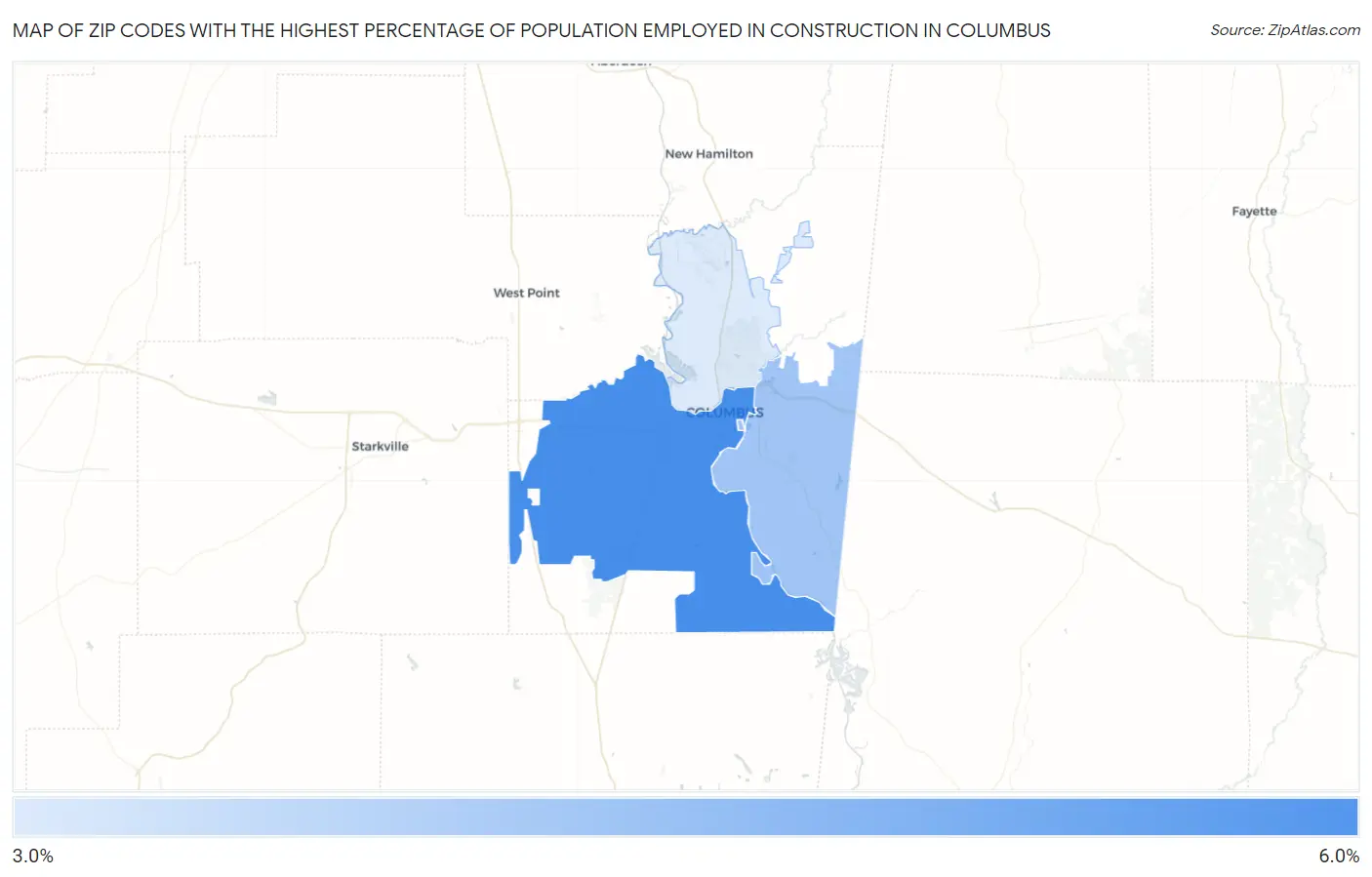 Zip Codes with the Highest Percentage of Population Employed in Construction in Columbus Map