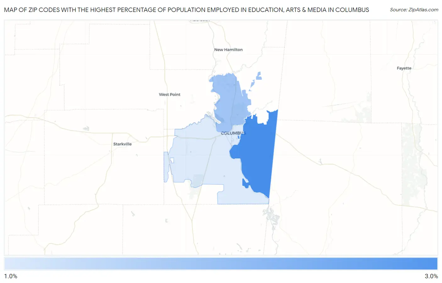 Zip Codes with the Highest Percentage of Population Employed in Education, Arts & Media in Columbus Map