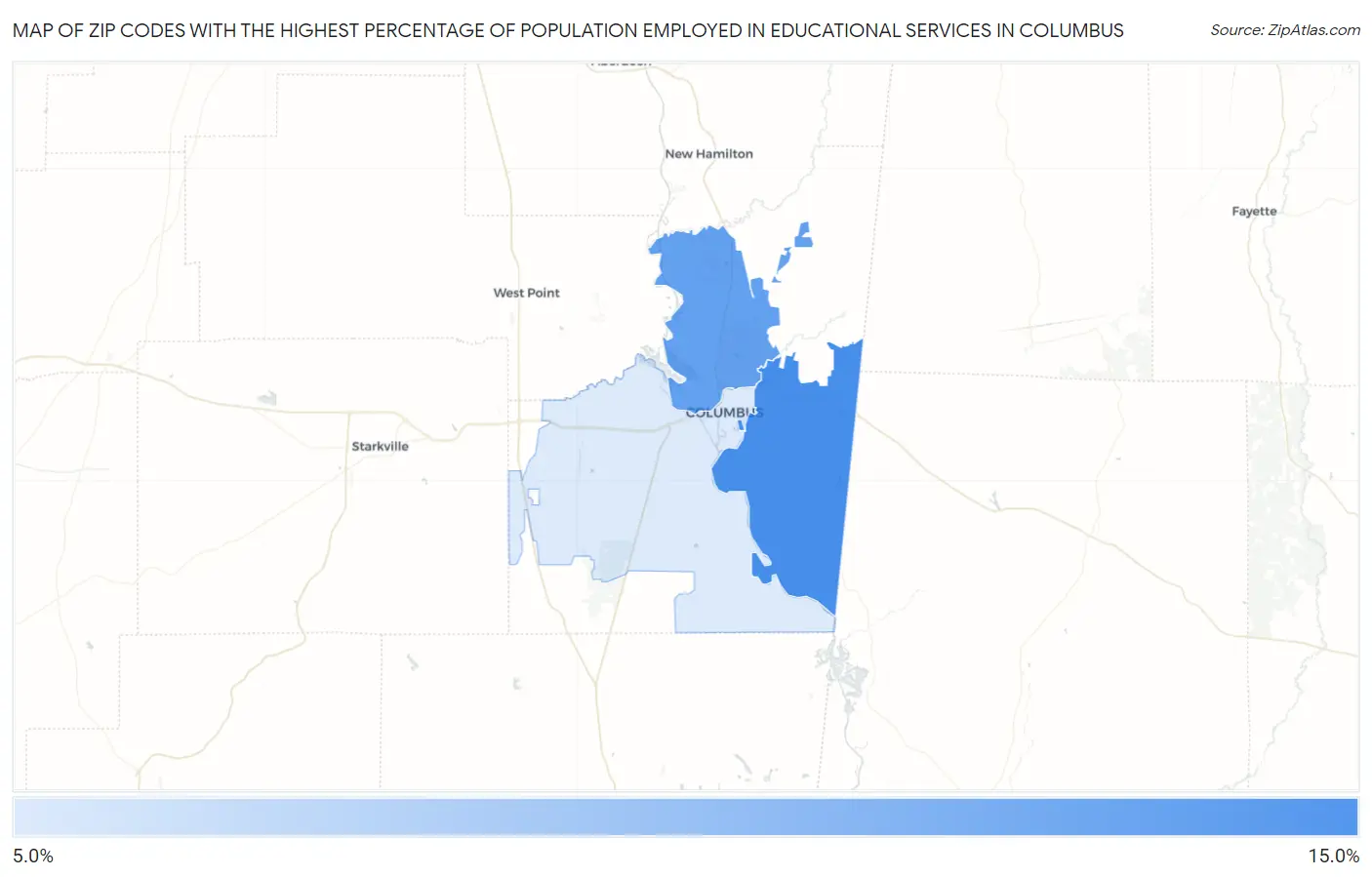 Zip Codes with the Highest Percentage of Population Employed in Educational Services in Columbus Map