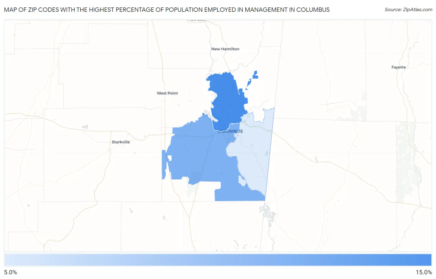 Zip Codes with the Highest Percentage of Population Employed in Management in Columbus Map
