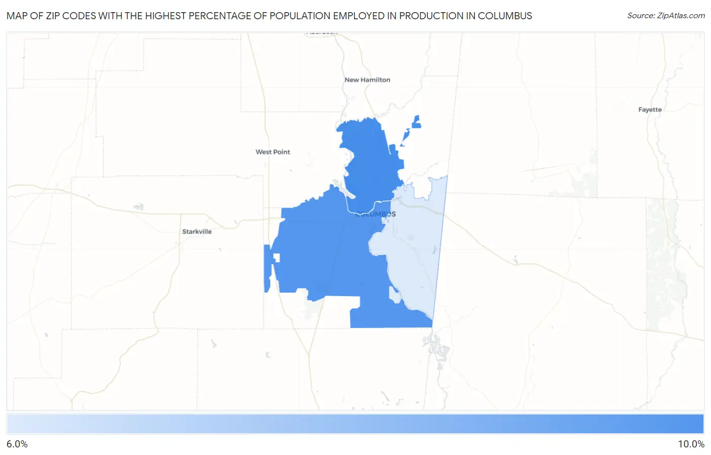 Zip Codes with the Highest Percentage of Population Employed in Production in Columbus Map