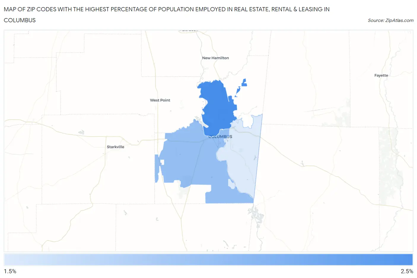 Zip Codes with the Highest Percentage of Population Employed in Real Estate, Rental & Leasing in Columbus Map