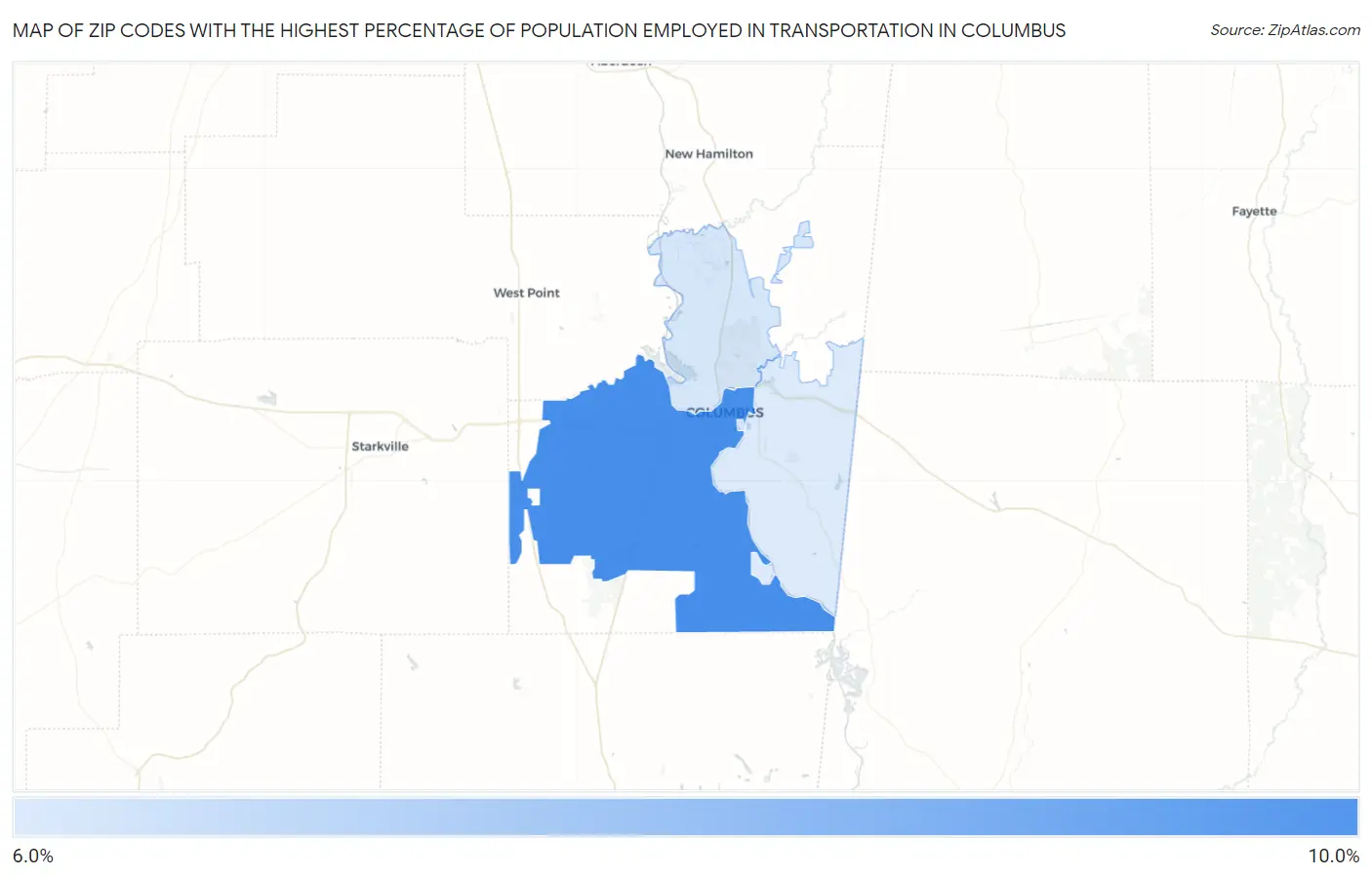 Zip Codes with the Highest Percentage of Population Employed in Transportation in Columbus Map