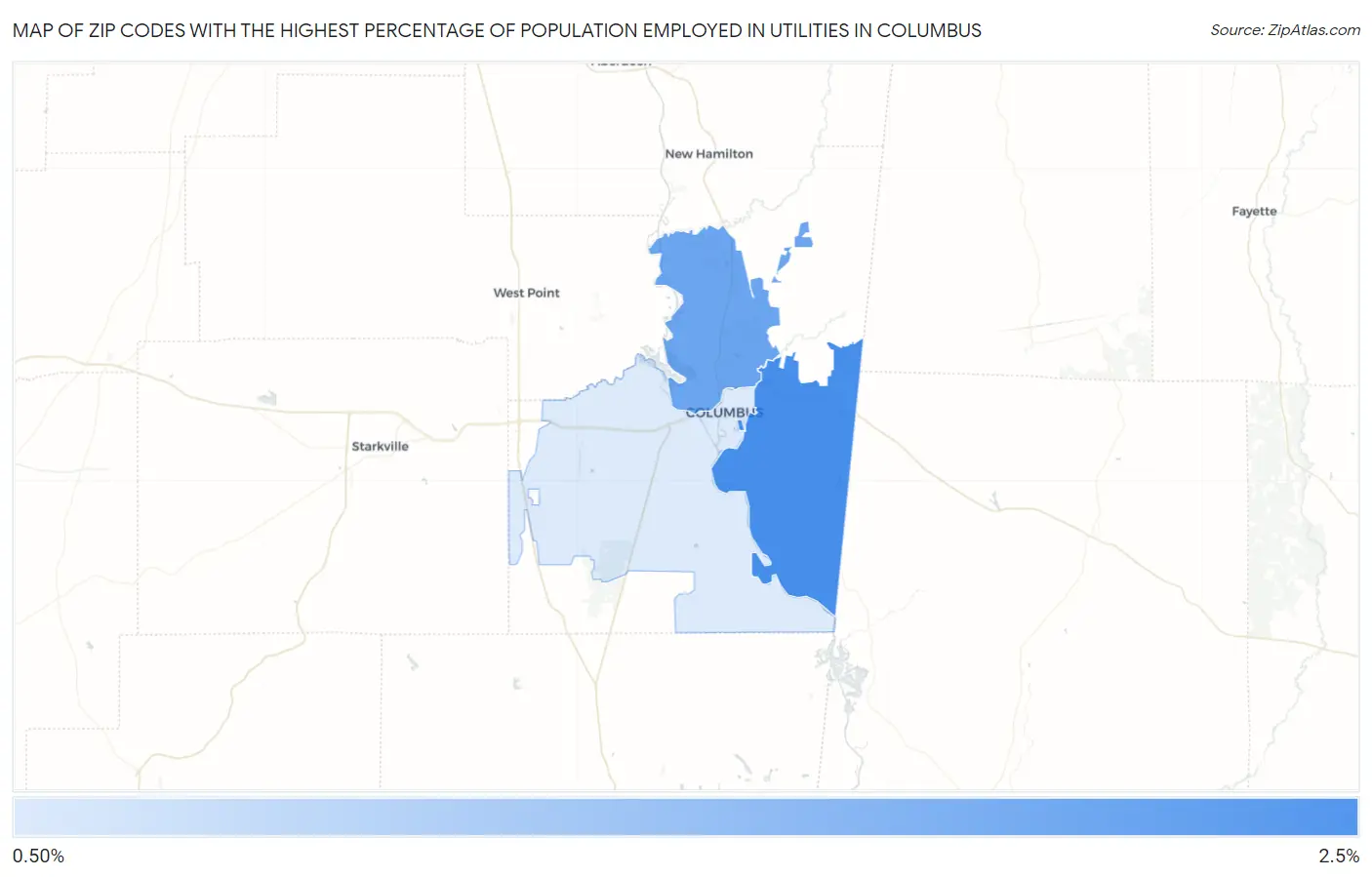 Zip Codes with the Highest Percentage of Population Employed in Utilities in Columbus Map